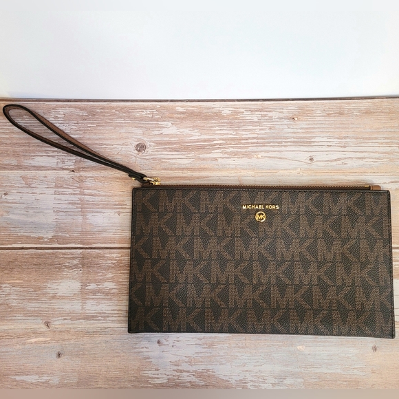 Michael Kors Monogram Brown and Tan Clutch Wristlet - Picture 1 of 8